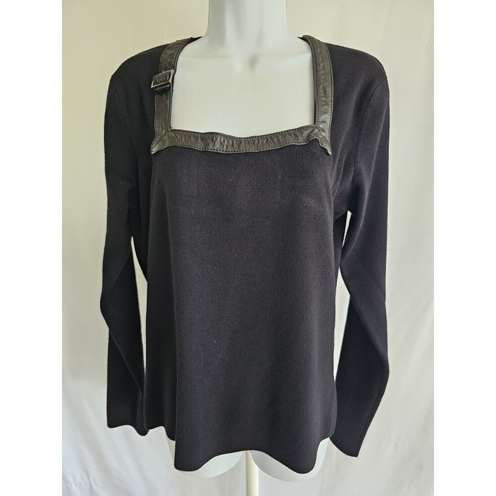 Colour Works Shirt Womens Black Faux Leather Trim Sweater Size Large
